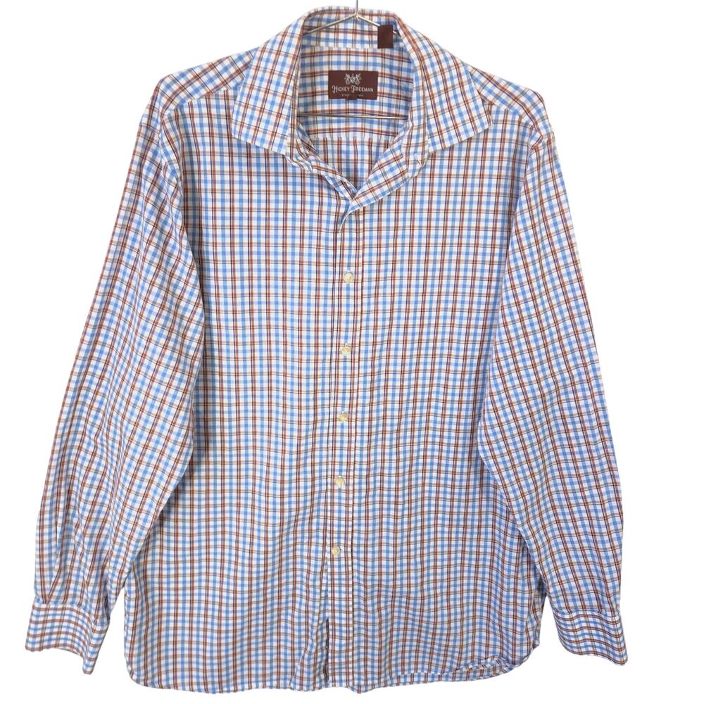 Hickey Freeman Shirt Mens L Blue Brown Plaid Cotton Linen Blend Button Up Casual